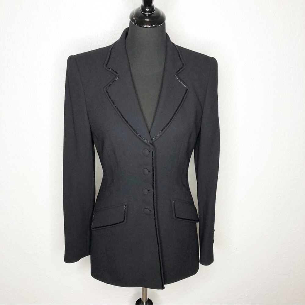 Rena Lange Bergdorf Goodman black beaded trim wool long formal blazer size 6
